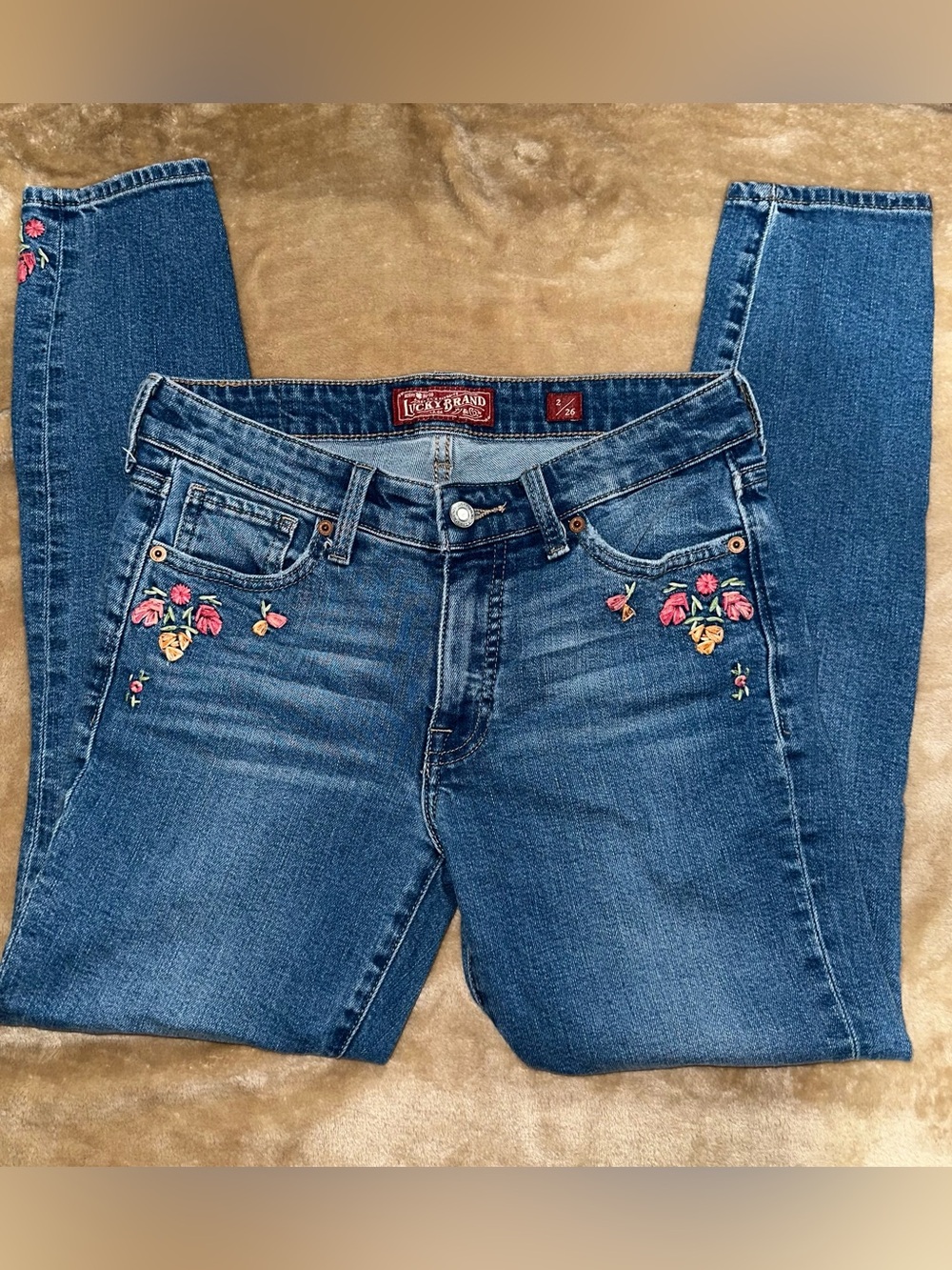 Lucky Brand Blue Skinny Jeans with Pink & Yellow Floral Embroidery